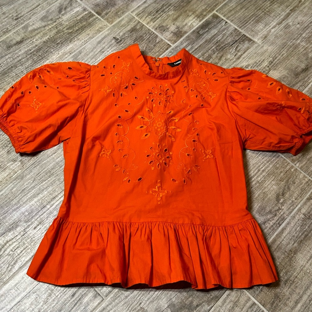 Express Orange Puff Sleeve Ruffled Blouse